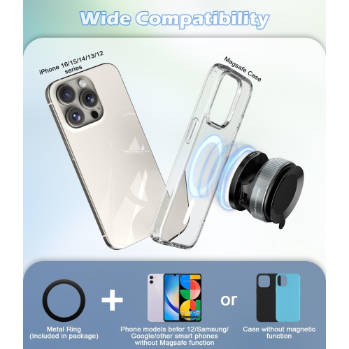 A 15W Fast Charger Car Phone Holder Mount, Wireless Magnetic Holder with Strong Vacuum Suction, 360° Adjustable Foldable Car Mount with MagSafe for