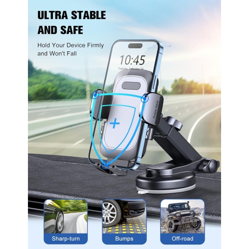 W Car Phone Holder, [Strong Suction] Phone Holder Car for Dashboard & Windshield, 360° Rotate Long Arm Car Cell Phone Mount Compatible with iPhone 16