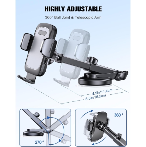 W Car Phone Holder, [Strong Suction] Phone Holder Car for Dashboard & Windshield, 360° Rotate Long Arm Car Cell Phone Mount Compatible with iPhone 16