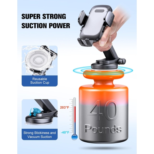 W Car Phone Holder, [Strong Suction] Phone Holder Car for Dashboard & Windshield, 360° Rotate Long Arm Car Cell Phone Mount Compatible with iPhone 16