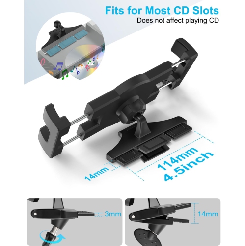 CD Slot Car Tablet Mount, w Full Rotation CD Player Car Tablet & Phone Holder for iPad Pro 9.7, 11, 12.9 Air Mini 5 4 3 2, Samsung Galaxy Tabs,