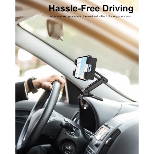 Dashboard Clip Car Phone Mount, Car Sun Visor & Rearview Mirror Clamp Cellphone Holder with Adjustable Arm for iPhone 16 Pro Max 15 14 13 12 11 XS XR