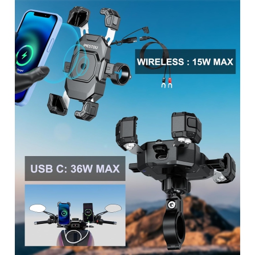i Motorcycle Wireless USB C Charger Phone Mount with Detachable SAE-O Ring Wire, Fits for 5.5-7.2 Phones with Thickness Up to 15mm, Width ＜93mm,