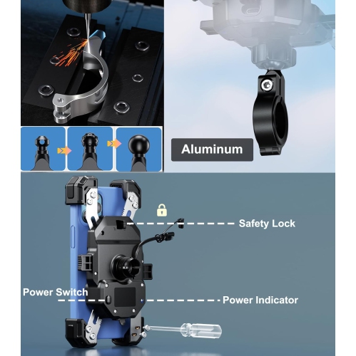 i Motorcycle Wireless USB C Charger Phone Mount with Detachable SAE-O Ring Wire, Fits for 5.5-7.2 Phones with Thickness Up to 15mm, Width ＜93mm,