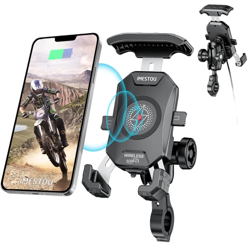 i Anti-Thief Motorcycle Wireless Phone Mount Charger 15W & USB C 3A Handlebar 1 Ball Stem Phone Holder Works with 12V/24V Vehicle/USB Socket Quick