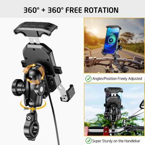 i Anti-Thief Motorcycle Wireless Phone Mount Charger 15W & USB C 3A Handlebar 1 Ball Stem Phone Holder Works with 12V/24V Vehicle/USB Socket Quick