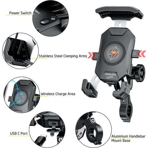 i Anti-Thief Motorcycle Wireless Phone Mount Charger 15W & USB C 3A Handlebar 1 Ball Stem Phone Holder Works with 12V/24V Vehicle/USB Socket Quick