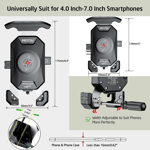 i Anti-Thief Motorcycle Wireless Phone Mount Charger 15W & USB C 3A Handlebar 1 Ball Stem Phone Holder Works with 12V/24V Vehicle/USB Socket Quick