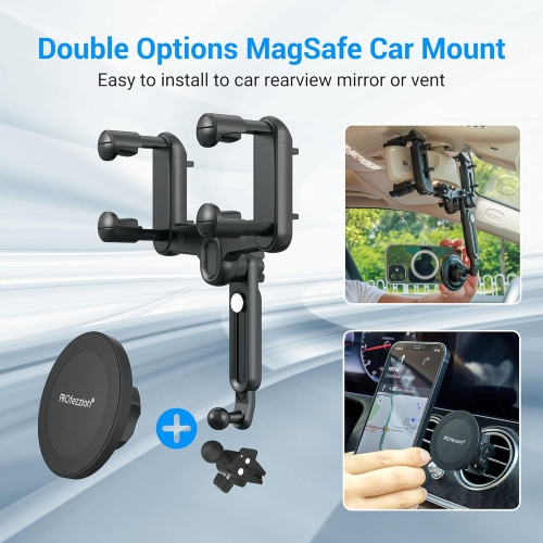 P Rearview Mirror & Vent Clip Magnetic Phone Holder Compatible with MagSafe on Car Rear View Mirror or Vent for iPhone 16 15 14 13 12 Pro Max Plus,