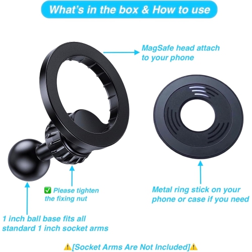 A Magnetic Phone Holder Base with 1 Ball Mount Adapter for MagSafe Compatible with RAM Mounts Double Socket Arm for iPhone 16/15/14/13/12 Series