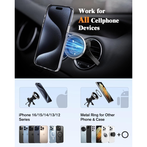 v for Magsafe Car Mount [Air Vent & Dashboard]: Magnetic Phone Holder for Round/Horizontal/Vertical Vent, Strong Magnet for iPhone 16 15 14 13 12 Pro