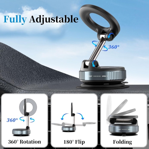 P Vacuum Magnetic Car Phone Holder - Suction Cup Phone Mount 360° Rotatable Foldable Portable Strong Magnet Stand for iPhone 16/15/14/13 & Samsung in