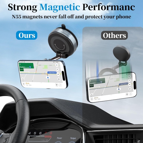 P Vacuum Magnetic Car Phone Holder - Suction Cup Phone Mount 360° Rotatable Foldable Portable Strong Magnet Stand for iPhone 16/15/14/13 & Samsung in