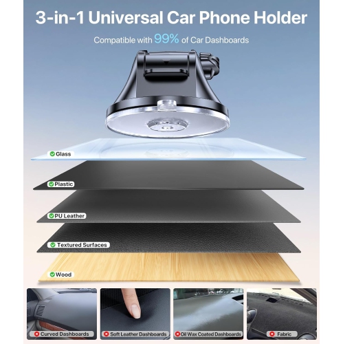 M 3-in-1 Cell Phone Holder for Cars Dashboard Windscreen Desk, Car Phone Holder Mount Automobile Cradle 360° Rotatable Stand for iPhone16 15 14 13 12