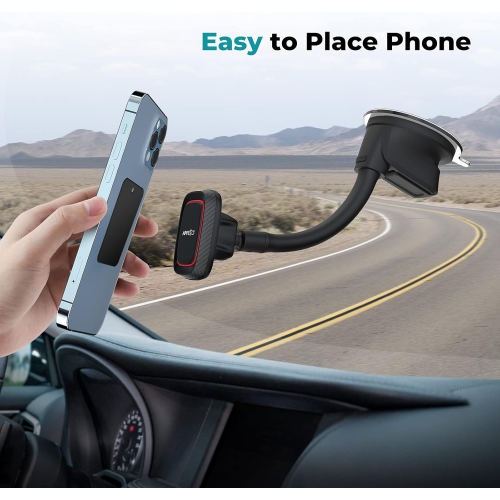 A Magnetic Phone Holder Car Dashboard Windshield Car Phone Holder Mount with Flexible Arm & Built-in Strong Magnets, Suction Cup Phone Holder for Car