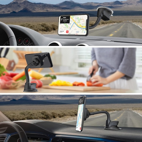 A Magnetic Phone Holder Car Dashboard Windshield Car Phone Holder Mount with Flexible Arm & Built-in Strong Magnets, Suction Cup Phone Holder for Car