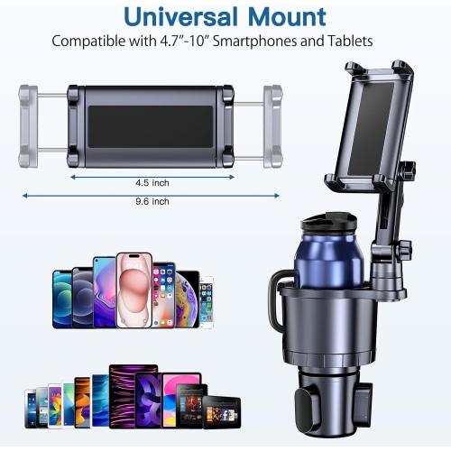 U Cup Holder Phone Tablet Mount, 2 in 1 Car Cup Holder with Expander Adjustable Long Arm for Car,360°Rotation Phone Tablet Mount Compatible for