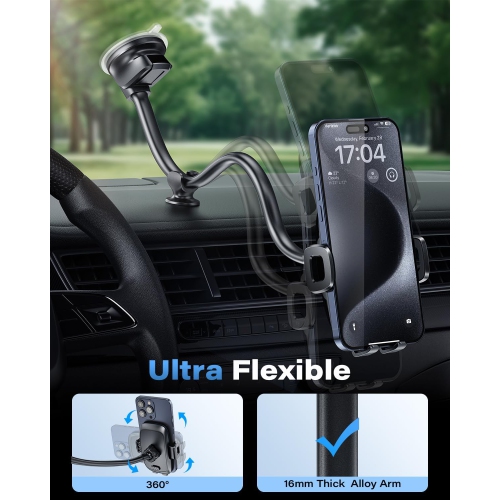 1 Solid Car Truck Phone Mount Holder with 14-Inch Gooseneck Long Arm, Windshield Window Mobile Holders w/Industrial-Strength Suction Cup, Anti-Shake