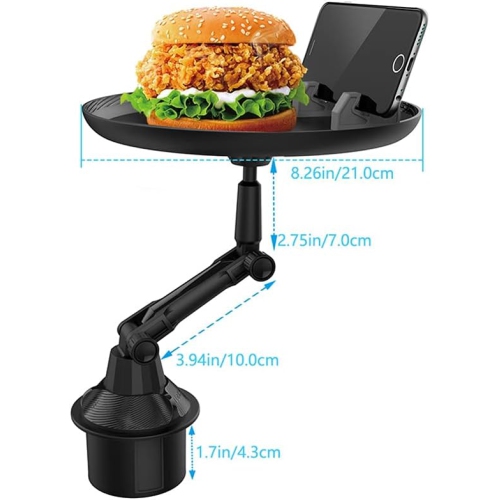 J Car Cup Holder Food Tray, Car Tray Table for Eating with Cell Phone Slot, Adjustable Car Snack Tray with 360° Rotating Swivel Arm and Adjustable