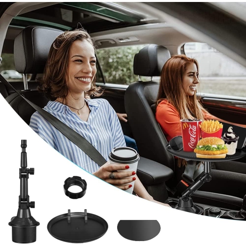 J Car Cup Holder Food Tray, Car Tray Table for Eating with Cell Phone Slot, Adjustable Car Snack Tray with 360° Rotating Swivel Arm and Adjustable