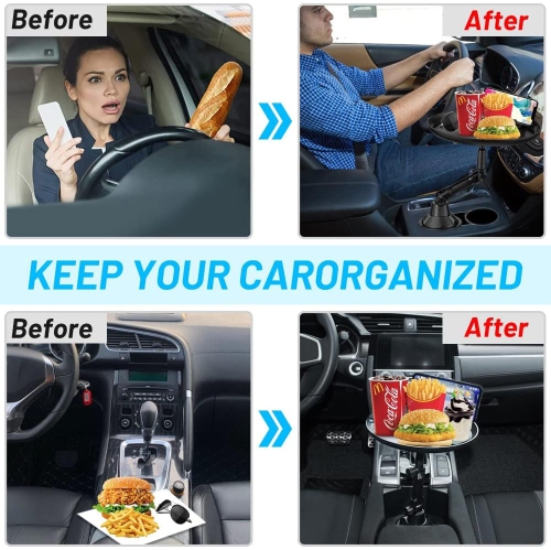 J Car Cup Holder Food Tray, Car Tray Table for Eating with Cell Phone Slot, Adjustable Car Snack Tray with 360° Rotating Swivel Arm and Adjustable