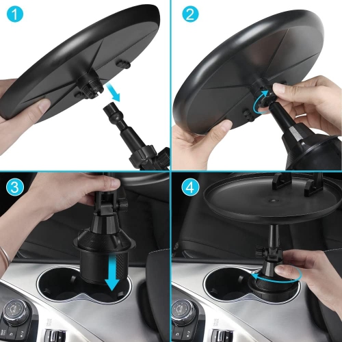 J Car Cup Holder Food Tray, Car Tray Table for Eating with Cell Phone Slot, Adjustable Car Snack Tray with 360° Rotating Swivel Arm and Adjustable