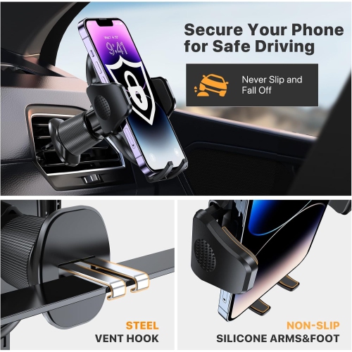 M 2025 Phone Holder Car,Vent Car Phone Mount with Newest Stable Metal Hook Clip,Universal Car Cellphone Holder Fits iPhone 16,Galaxy S25 and All