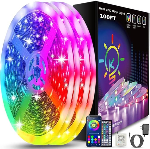 KEEPSMILE  100Ft Led Strip Lights (2 Rolls Of 50Ft) Bluetooth App Control Led Lights Strip \w Remote Music Sync Color Changing RGB Led Lights For