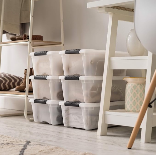 IRIS USA 12 L Plastic Storage Box with Lid and Latches - 6 Pack - BPA-Free, Discreet Organizing Solution, Durable Nestable Stackable Containers,