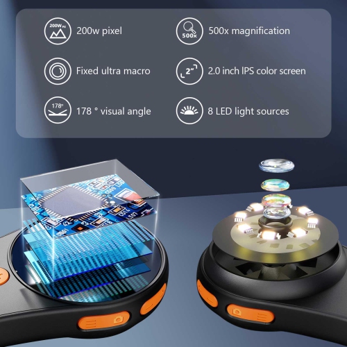 Portable Handheld Digital Microscope with 2.0inch IPS Color Screen 500x Magnification 200w Pixel USB Microscope Compatible with Windows Mac OS