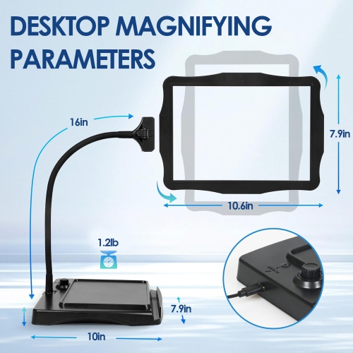 3x Large Rechargeable Magnifying Glass, Desktop Magnifier with 48 LED Light USB Rechargeable Magnifier for Reading Repair Tasks