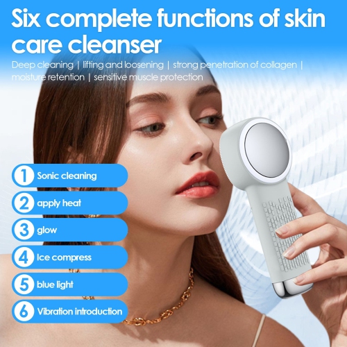 Silicone Facial Cleanser,Red and Blue Light Vibration Facial Cleanser, Hot and Cold Compress Electric Massage Beauty Device