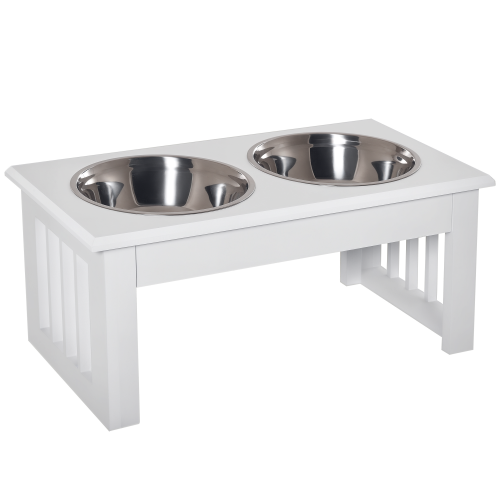 PawHut Deluxe Double Pet Dog Bowl Feeding Watering Station Wooden Stand Pet Feeder Elevated Base Cat Puppy Twin Bowls Stainless Steel, White