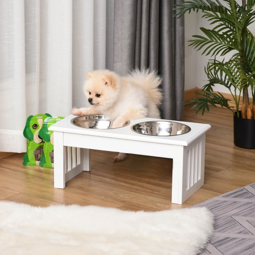 PawHut Deluxe Double Pet Dog Bowl Feeding Watering Station Wooden Stand Pet Feeder Elevated Base Cat Puppy Twin Bowls Stainless Steel, White