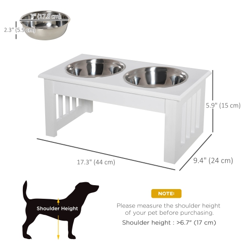 PawHut Deluxe Double Pet Dog Bowl Feeding Watering Station Wooden Stand Pet Feeder Elevated Base Cat Puppy Twin Bowls Stainless Steel, White