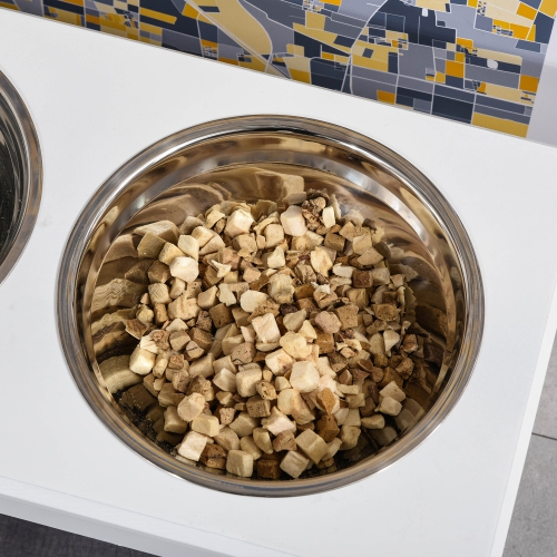 PawHut Deluxe Double Pet Dog Bowl Feeding Watering Station Wooden Stand Pet Feeder Elevated Base Cat Puppy Twin Bowls Stainless Steel, White