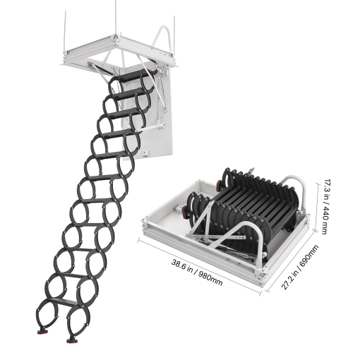 VEVOR 660LBS/299.4KG Capacity Attic Ladder, Fits 8.5 to 9.4 ft Ceiling Height and 39.4 x 27.5 inch Opening Size, Alloy Steel Pull-Down Retractable