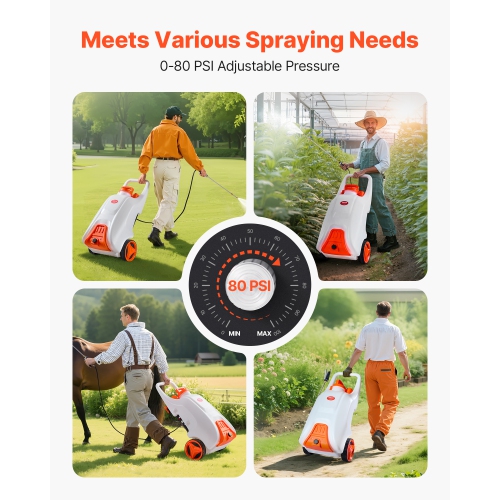 VEVOR 13.1 Gallons Battery-Powered Sprayer with Wheeled Cart, Electric Weed Sprayer, Adjustable 0-80 PSI, Yard Lawn Sprayers with Wheels, 5 Nozzles &