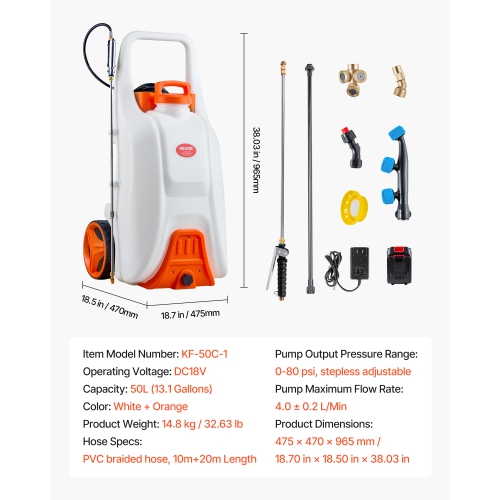 VEVOR 13.1 Gallons Battery-Powered Sprayer with Wheeled Cart, Electric Weed Sprayer, Adjustable 0-80 PSI, Yard Lawn Sprayers with Wheels, 5 Nozzles &