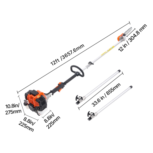 Scie à mât à essence VEVOR 43CC, scie à essence à 2 temps avec barre de coupe de 12&nbsp;po, taille-arbre sans fil avec tête rotative, scie à chaîne