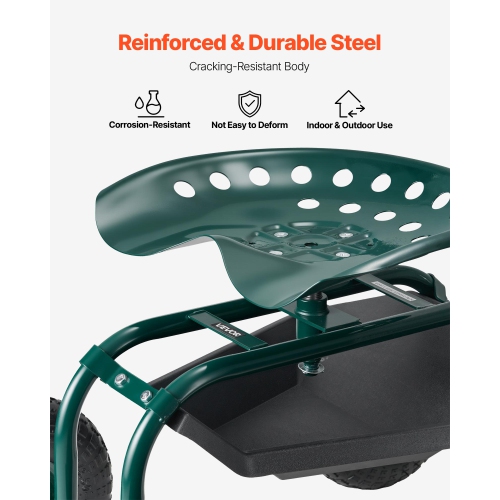 VEVOR 300 lbs Weight Capacity Rolling Garden Cart with Swivel Seat, Heavy Duty Garden Seat with Storage Basket & Tool Tray, Outdoor Utility Gardening