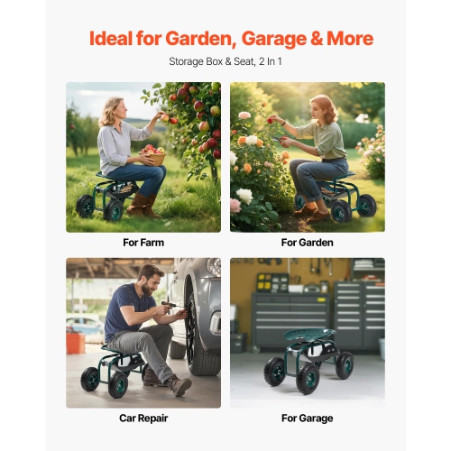VEVOR 300 lbs Weight Capacity Rolling Garden Cart with Swivel Seat, Heavy Duty Garden Seat with Storage Basket & Tool Tray, Outdoor Utility Gardening