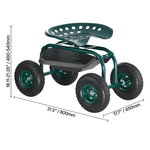 VEVOR 300 lbs Weight Capacity Rolling Garden Cart with Swivel Seat, Heavy Duty Garden Seat with Storage Basket & Tool Tray, Outdoor Utility Gardening