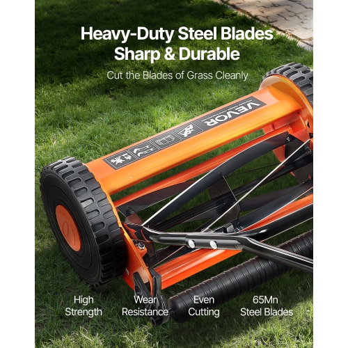 VEVOR 16 inch Push Reel Lawn Mower, 5 Blades Manual Push Mower No Motor, 0.6-1.75 in Adjustable Cutting Height, Walk-Behind Lawn Mowers with Grass