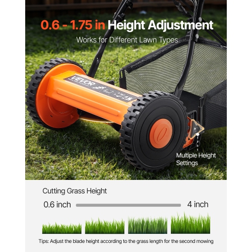 VEVOR 16 inch Push Reel Lawn Mower, 5 Blades Manual Push Mower No Motor, 0.6-1.75 in Adjustable Cutting Height, Walk-Behind Lawn Mowers with Grass