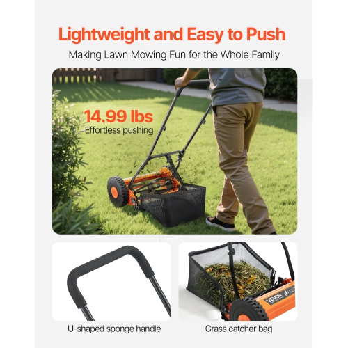 VEVOR 16 inch Push Reel Lawn Mower, 5 Blades Manual Push Mower No Motor, 0.6-1.75 in Adjustable Cutting Height, Walk-Behind Lawn Mowers with Grass