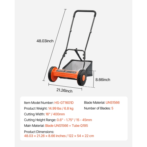VEVOR 16 inch Push Reel Lawn Mower, 5 Blades Manual Push Mower No Motor, 0.6-1.75 in Adjustable Cutting Height, Walk-Behind Lawn Mowers with Grass