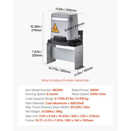 VEVOR 280W Solar Gate Opener, Electric Gate Opener for Doors up to 65.6ft 1799lbs, Chain Drive Sliding Fence Door Motor with Infrared Sensor & 2