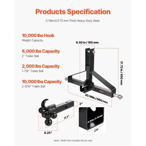 VEVOR 3 Point Trailer Hitch with 2 in Receiver, 3pt Quick Hitch Attachment, Heavy Duty Tractor Tow Drawbar Adapter, Compatible with Kubota, Mahindra,