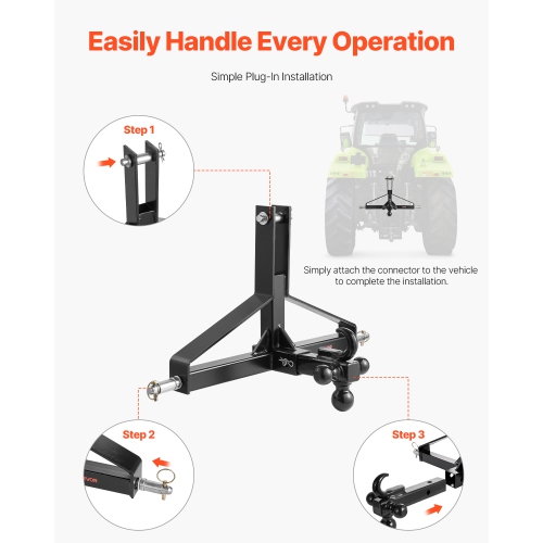 VEVOR 3 Point Trailer Hitch with 2 in Receiver, 3pt Quick Hitch Attachment, Heavy Duty Tractor Tow Drawbar Adapter, Compatible with Kubota, Mahindra,